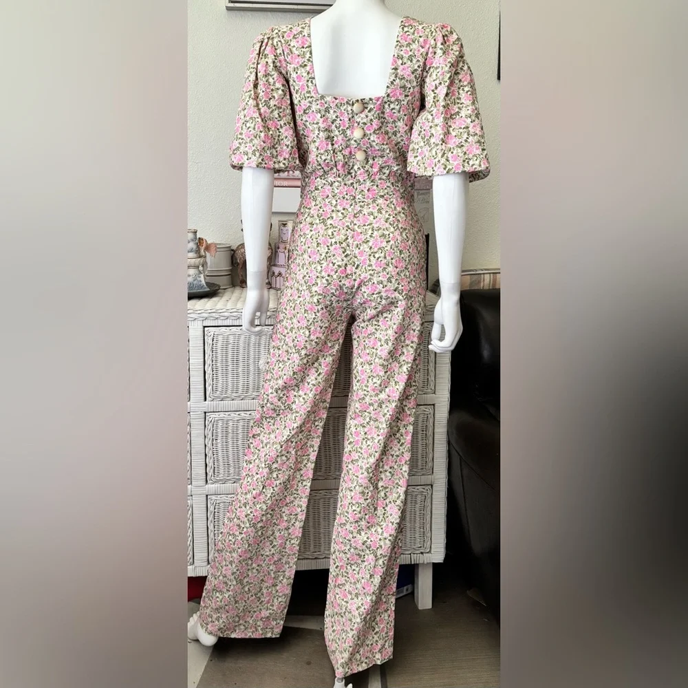 Sézane Claude Jumpsuit Wide Legs Balloon Sleeves Linen/Cotton Pink Green Size 2